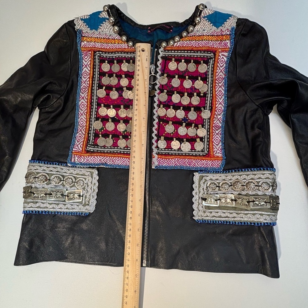 teté by Odette Embellished Leather Jacket Vintage Hmong Tribal OOAK Boho - Picture 11 of 16